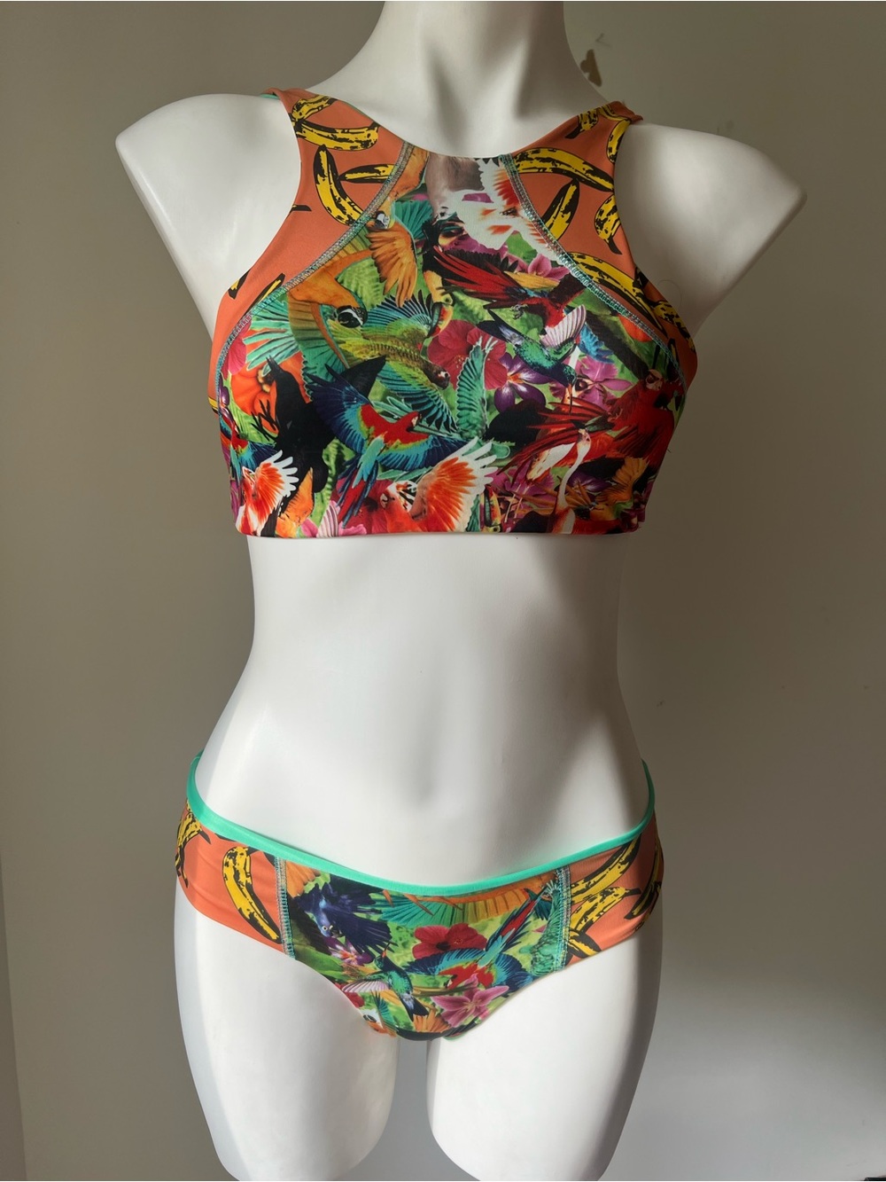 COUTURE Women’s Tropical High-Neck Bikini Set BNWOT S Pop Art Luxury Swim